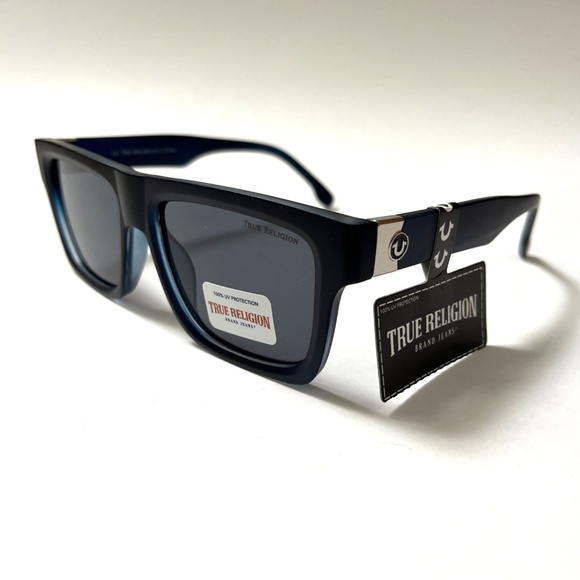 New Original TRUE RELIGION Square Sunglasses Frosted Black  Blue Acetate Classic - Picture 1 of 6